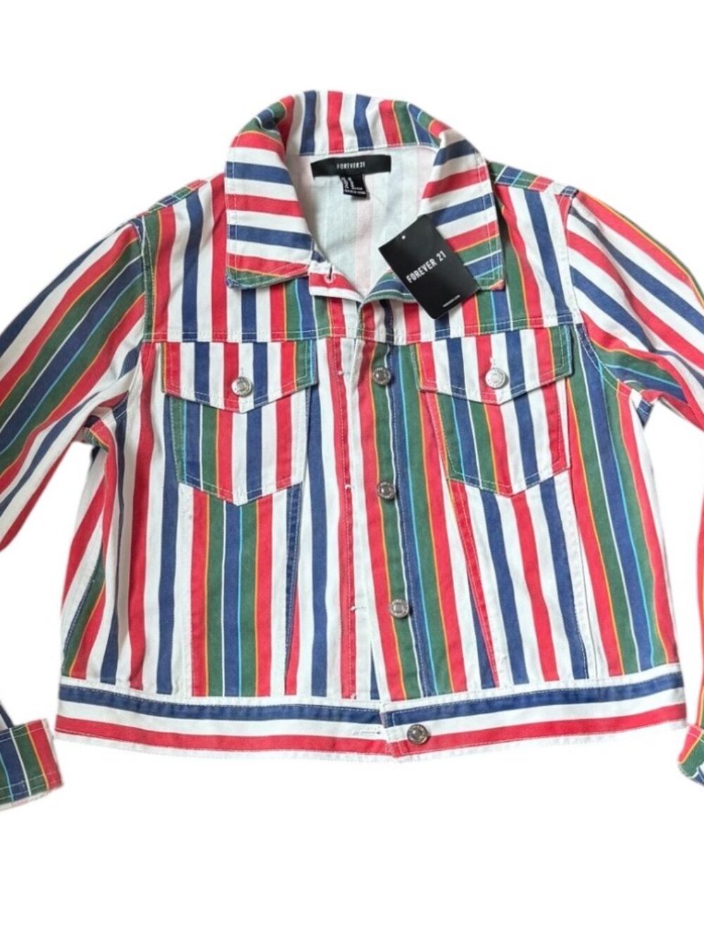 Forever 21 multicolor striped cropped denim trucker jacket M new with tags